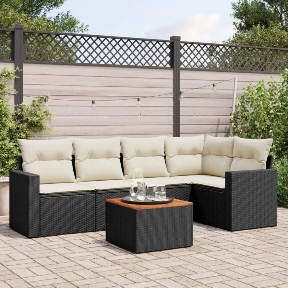 6-delige Loungeset met kussens poly rattan zwart vidaXL