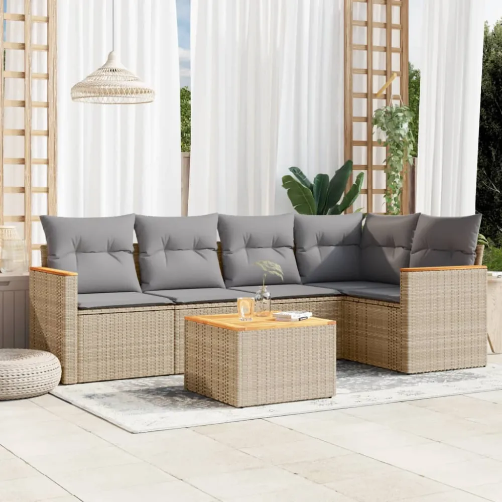 6-delige Loungeset met kussens poly rattan gemengd beige vidaXL