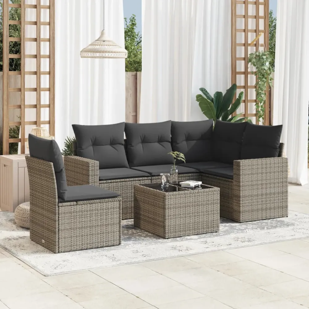6-delige Loungeset met kussens poly rattan grijs vidaXL