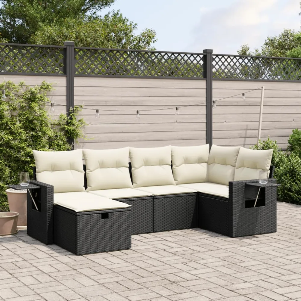 6-delige Loungeset met kussens poly rattan zwart vidaXL
