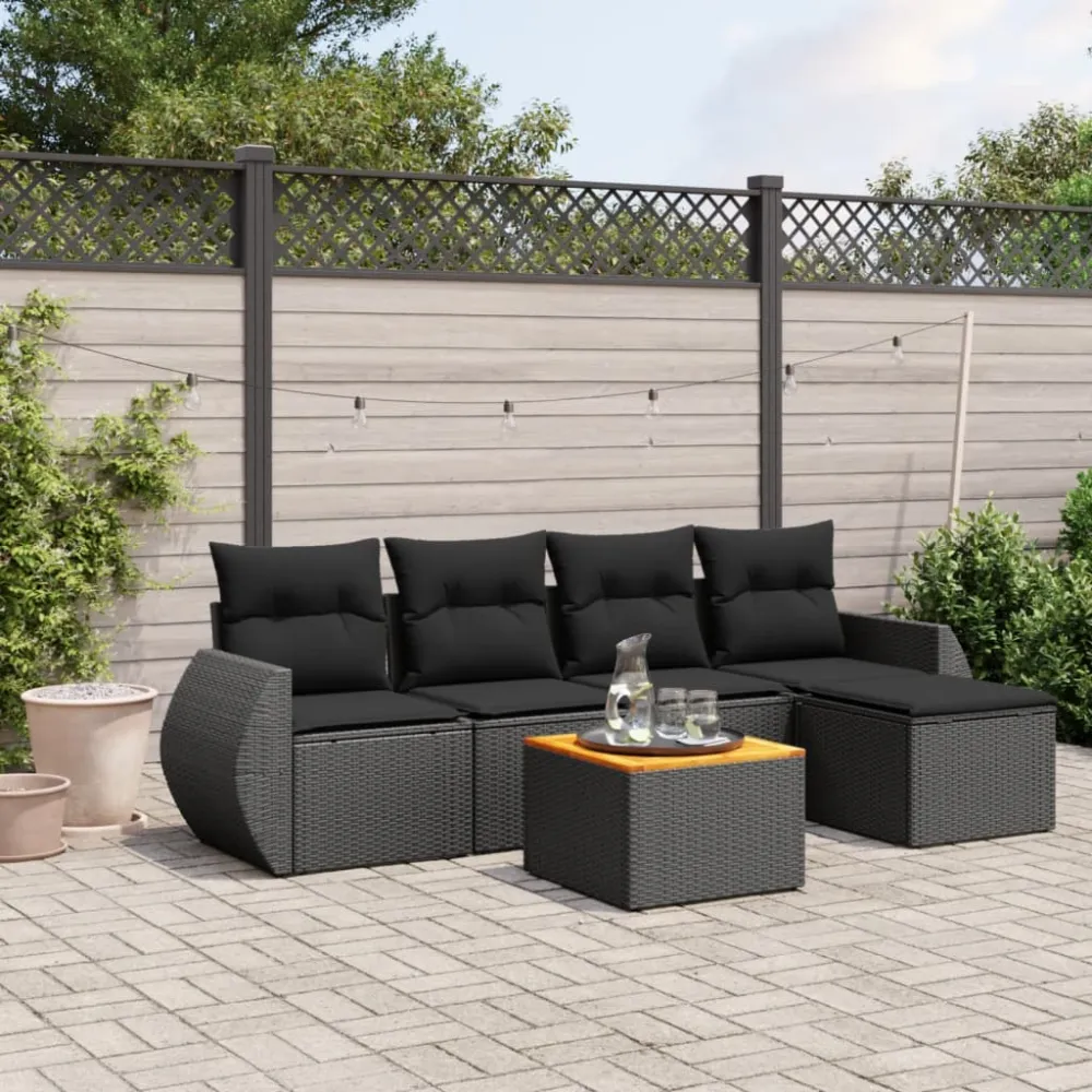 6-delige Loungeset met kussens poly rattan zwart vidaXL