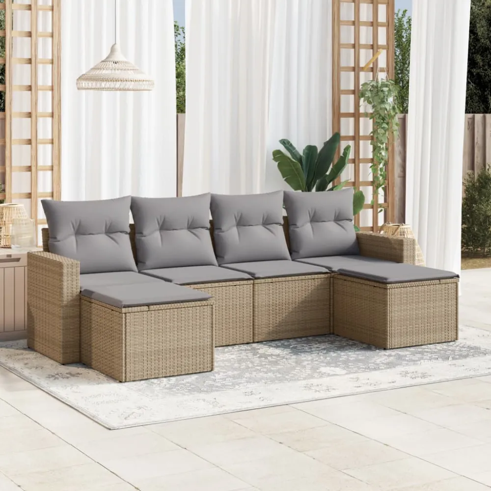 6-delige Loungeset met kussens poly rattan beige vidaXL