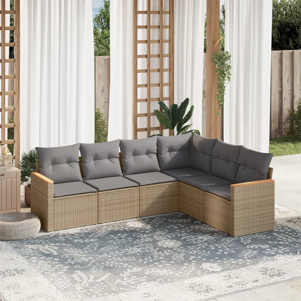 6-delige Loungeset met kussens poly rattan gemengd beige vidaXL