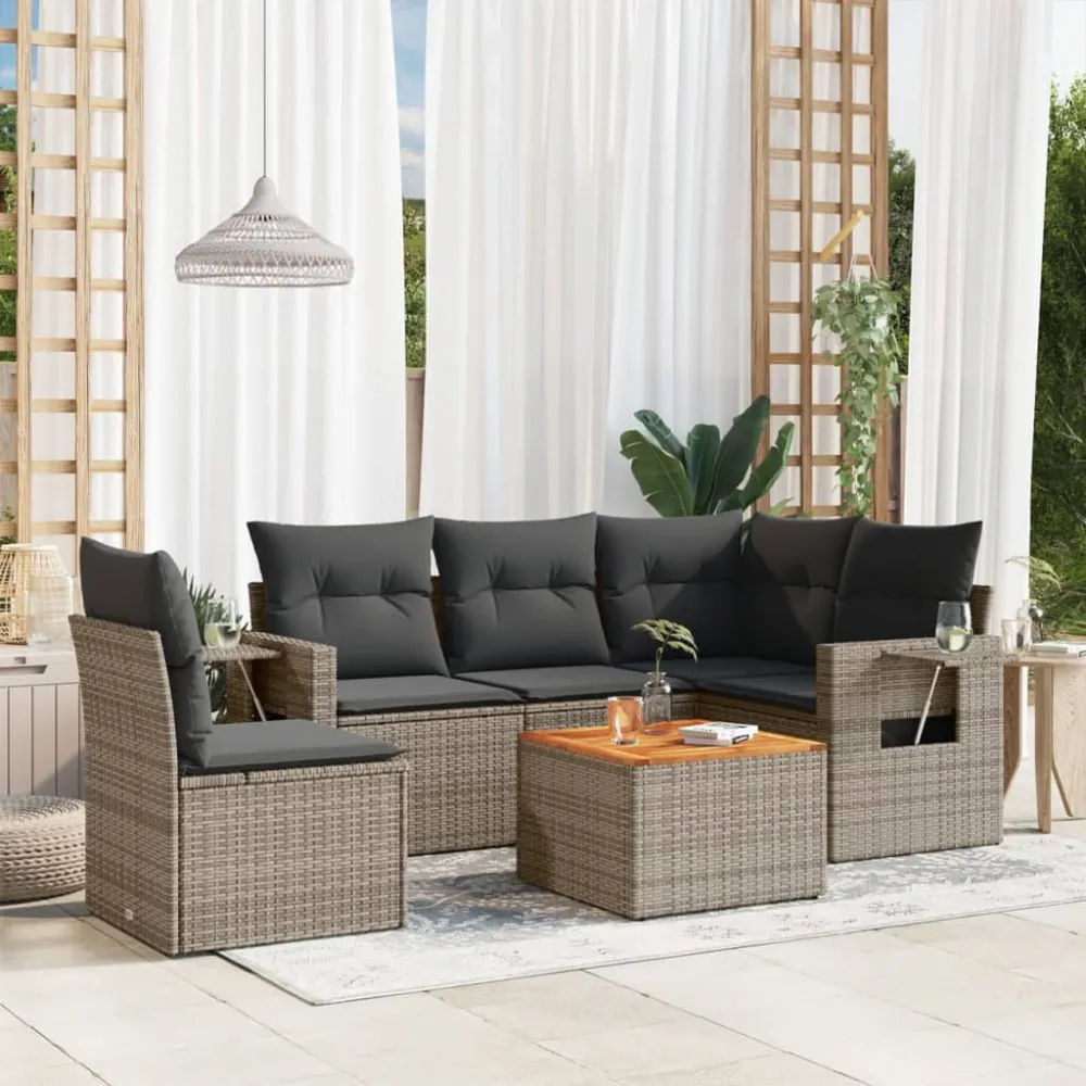 6-delige Loungeset met kussens poly rattan grijs vidaXL