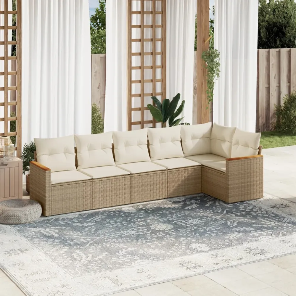 6-delige Loungeset met kussens poly rattan beige vidaXL