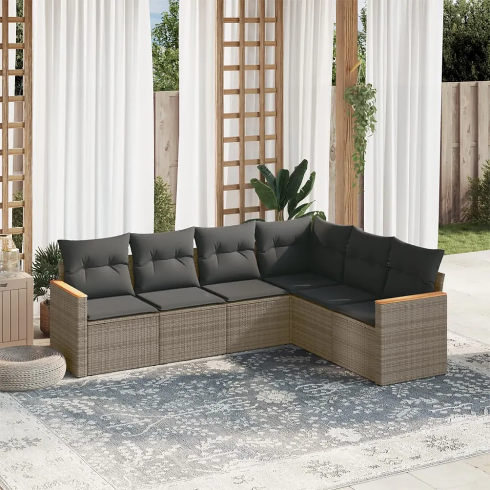 6-delige Loungeset met kussens poly rattan grijs vidaXL