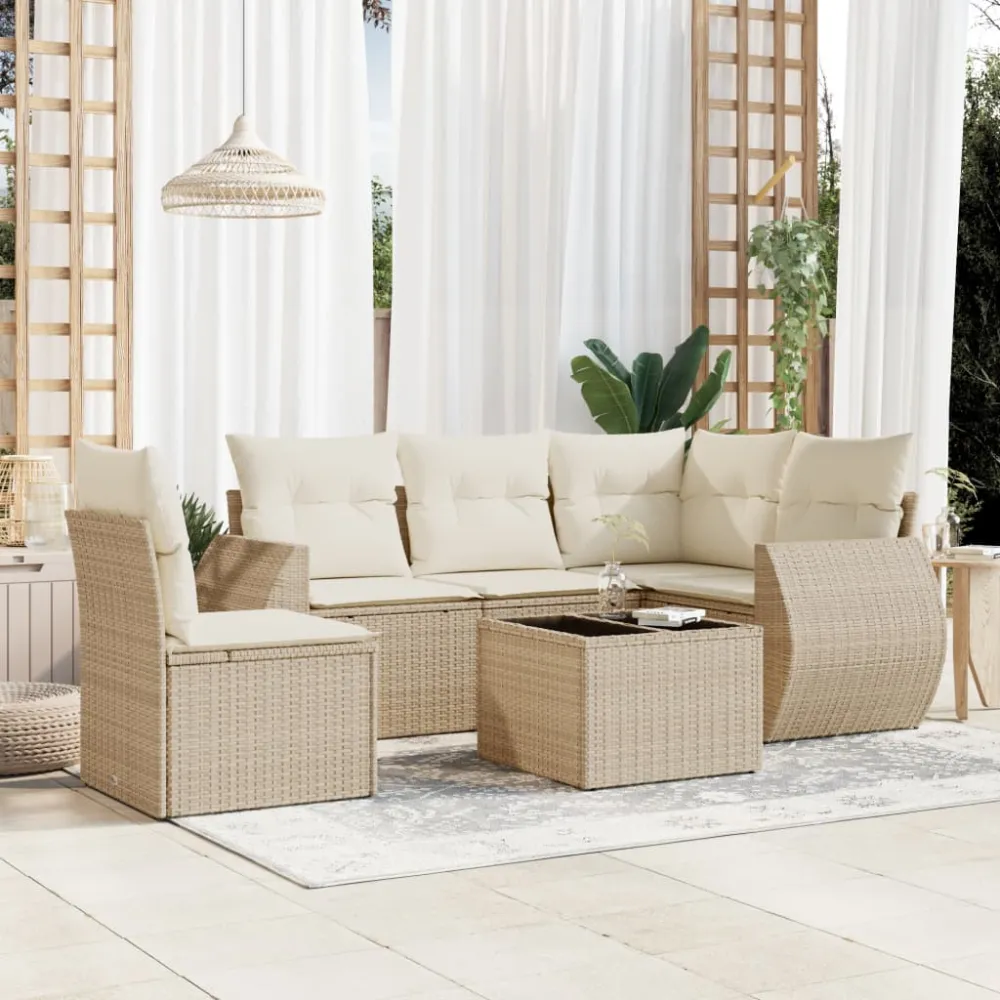 6-delige Loungeset met kussens poly rattan beige vidaXL