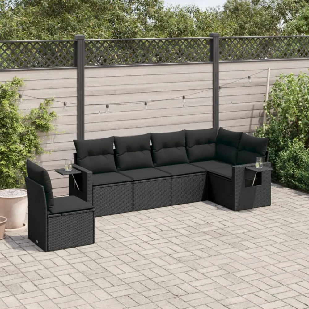 6-delige Loungeset met kussens poly rattan zwart vidaXL