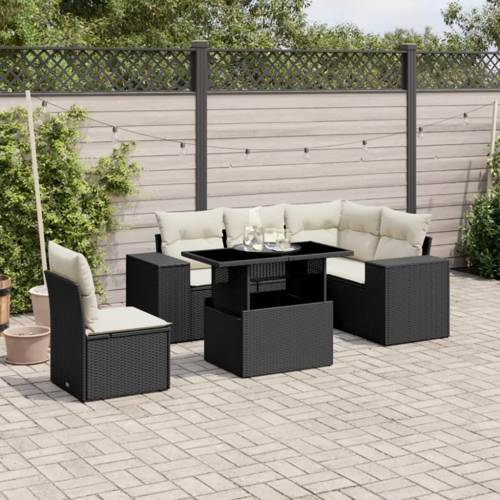 6-delige Loungeset met kussens poly rattan zwart vidaXL