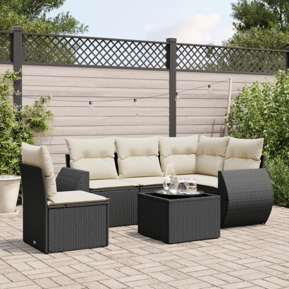 6-delige Loungeset met kussens poly rattan zwart vidaXL