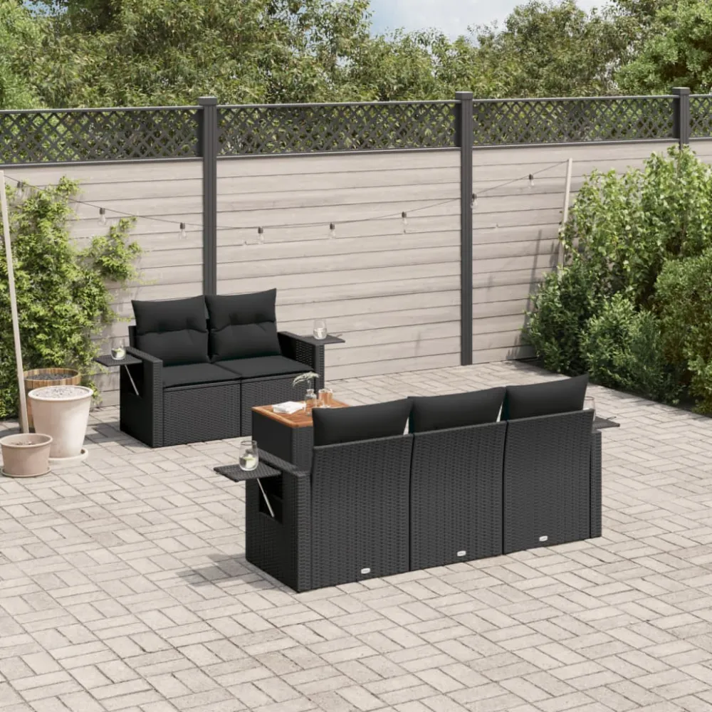 6-delige Loungeset met kussens poly rattan zwart vidaXL