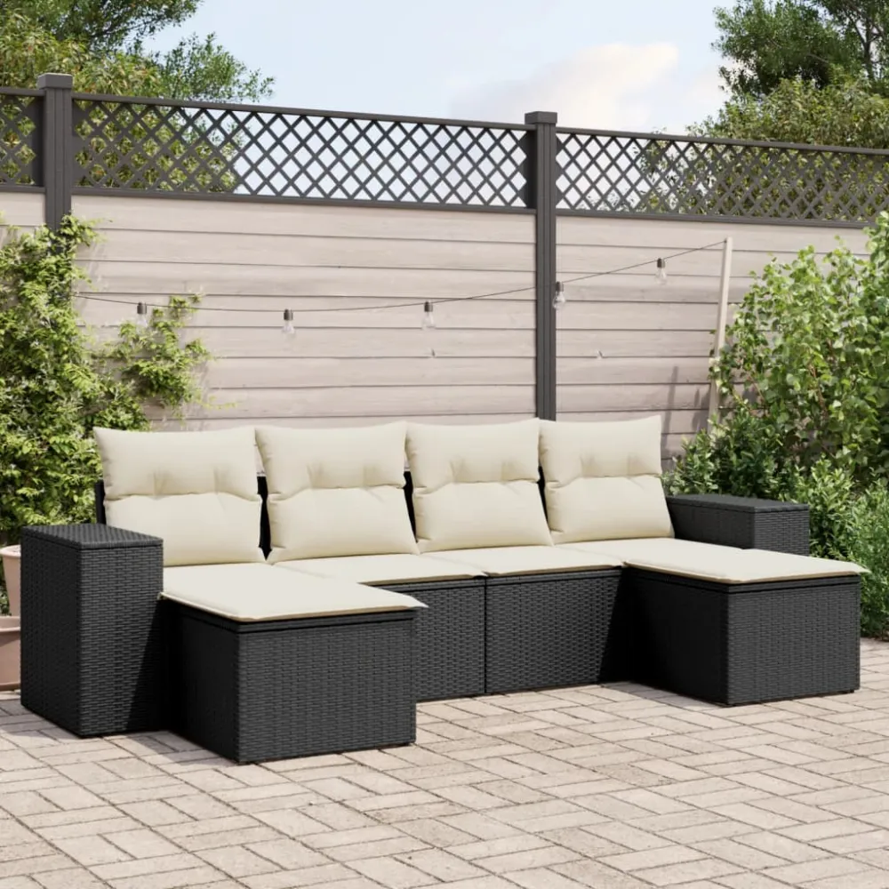 6-delige Loungeset met kussens poly rattan zwart vidaXL