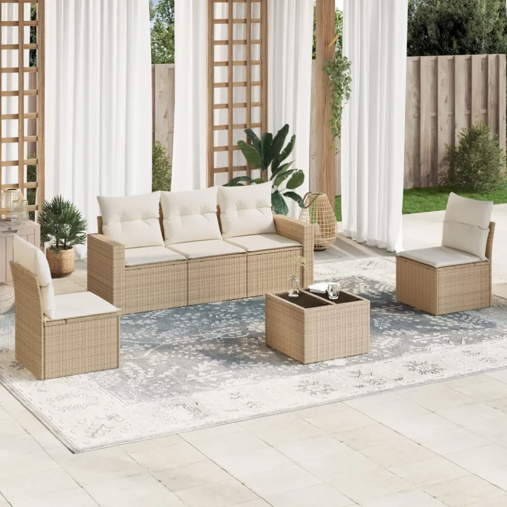 6-delige Loungeset met kussens poly rattan beige vidaXL