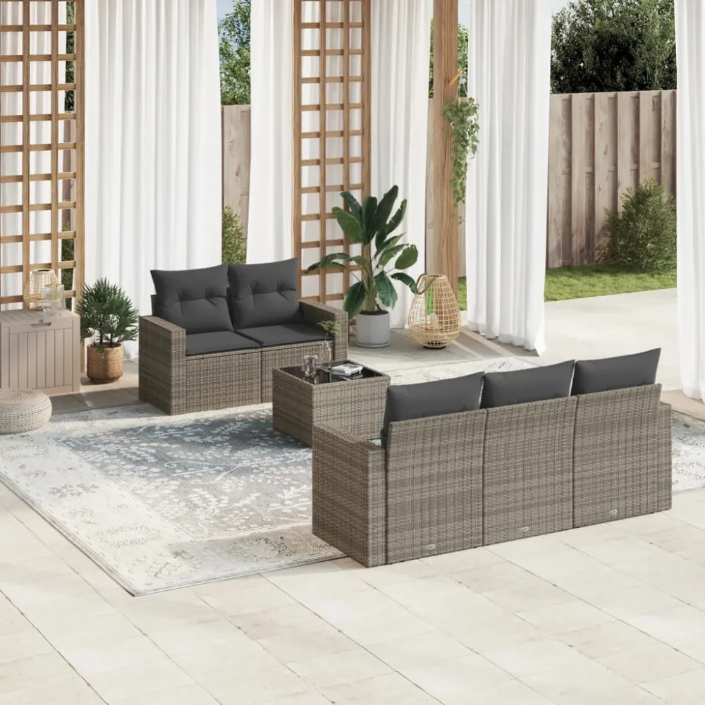6-delige Loungeset met kussens poly rattan grijs vidaXL