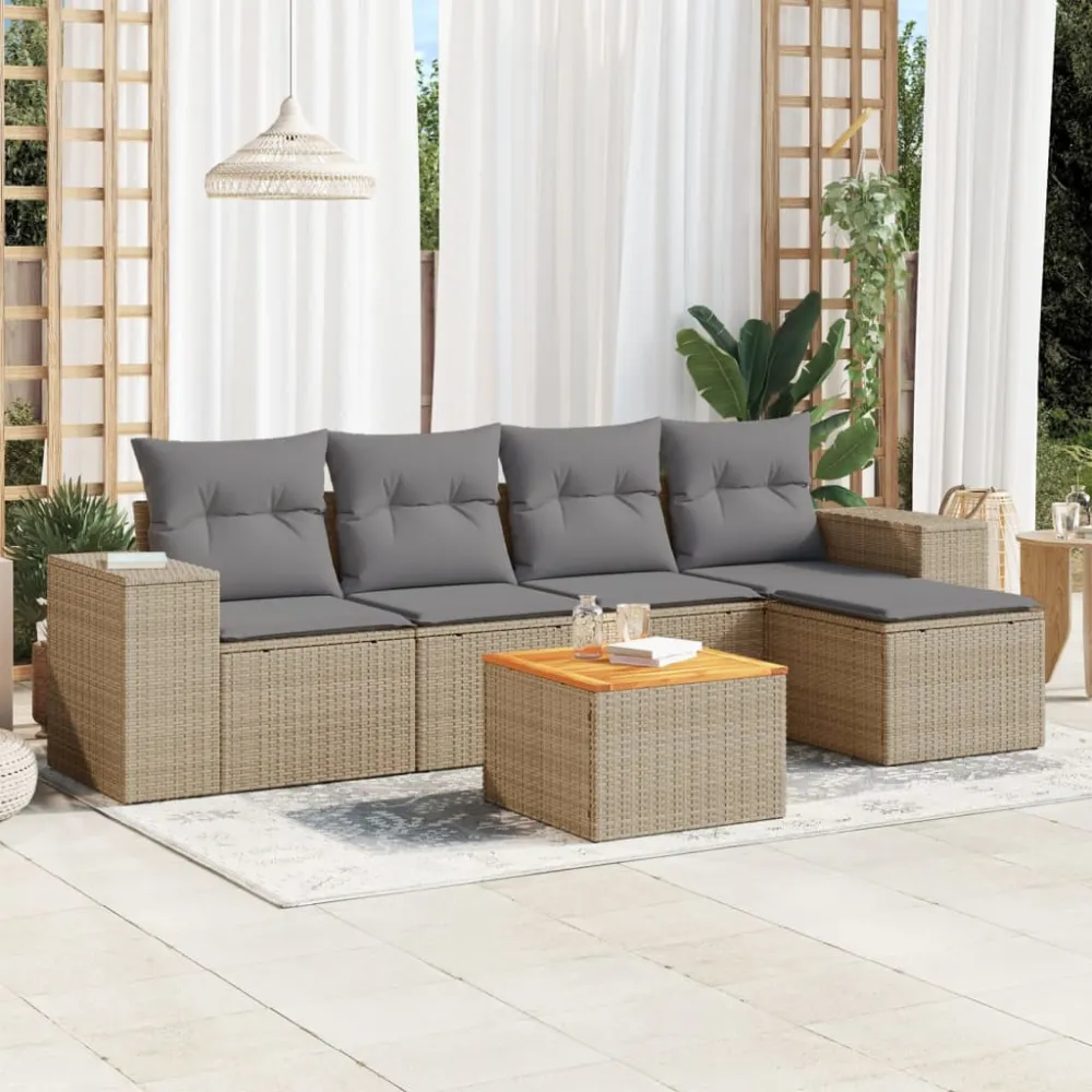 6-delige Loungeset met kussens poly rattan beige vidaXL