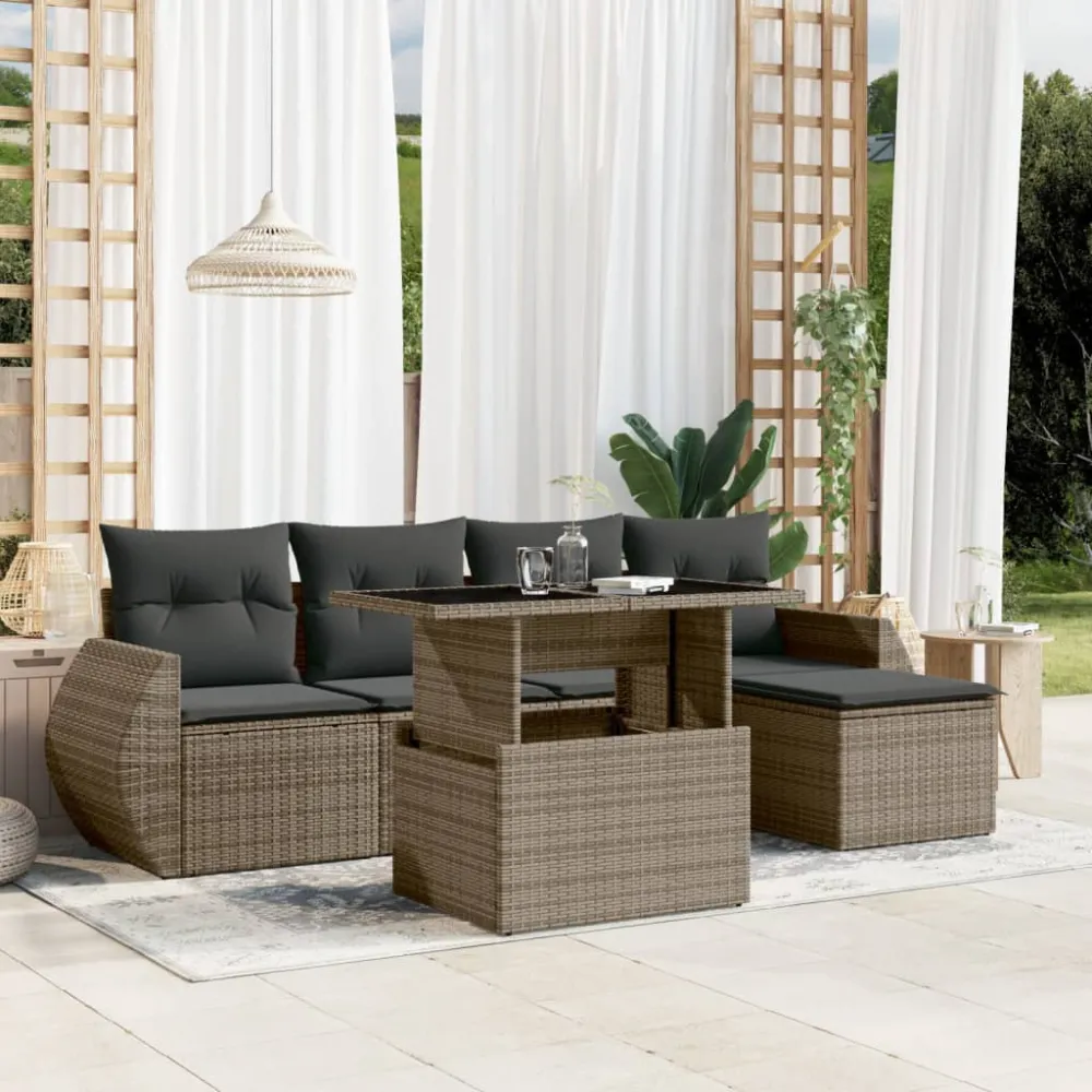 6-delige Loungeset met kussens poly rattan grijs vidaXL
