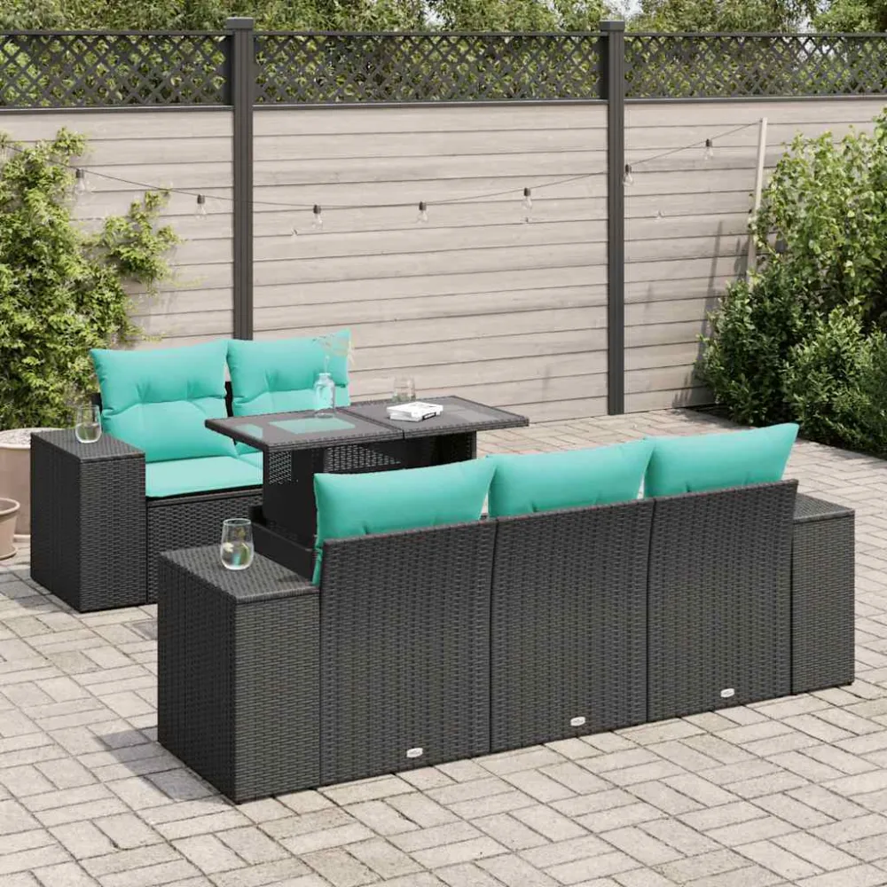 6-delige Loungeset met kussens poly rattan acacia zwart vidaXL