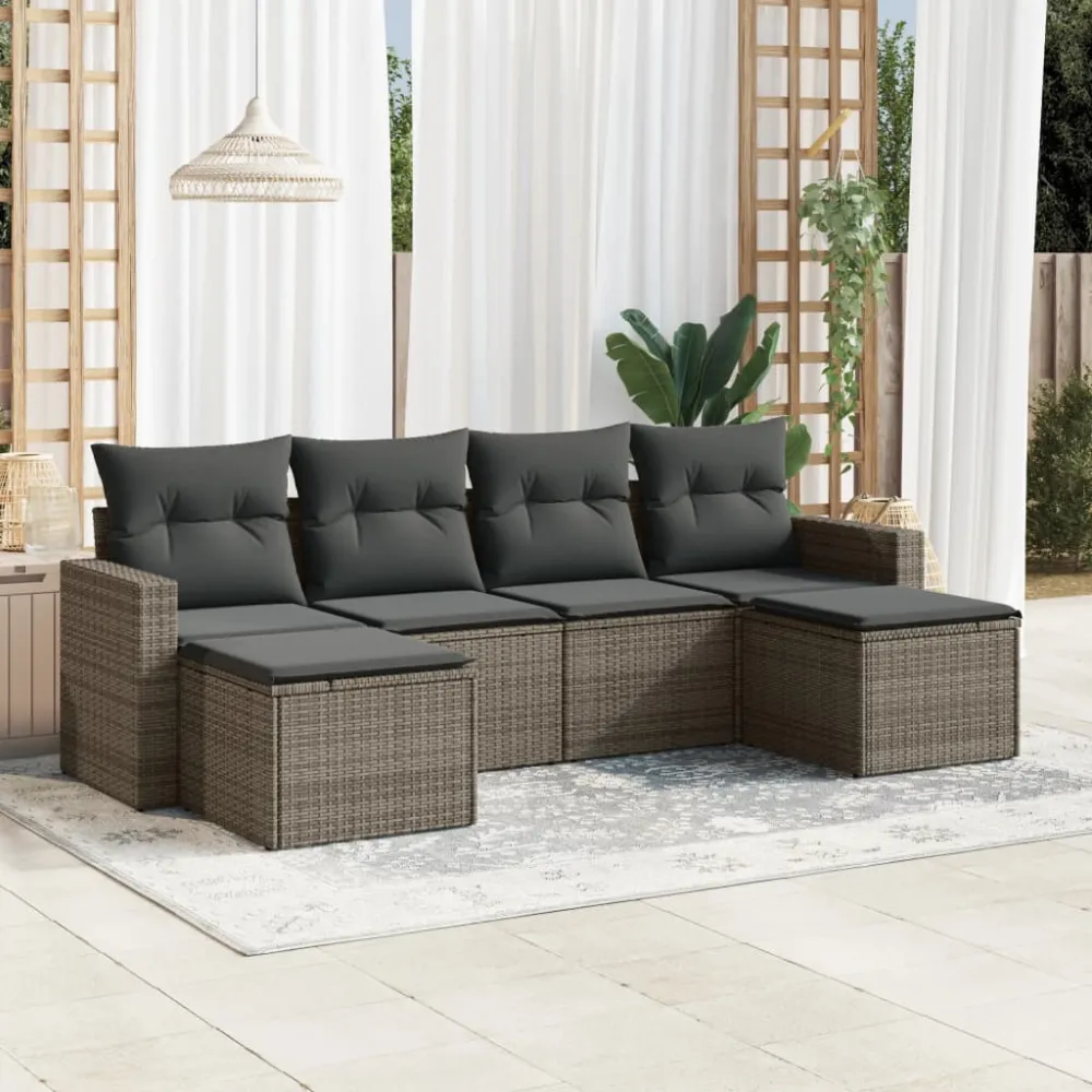 6-delige Loungeset met kussens poly rattan grijs vidaXL