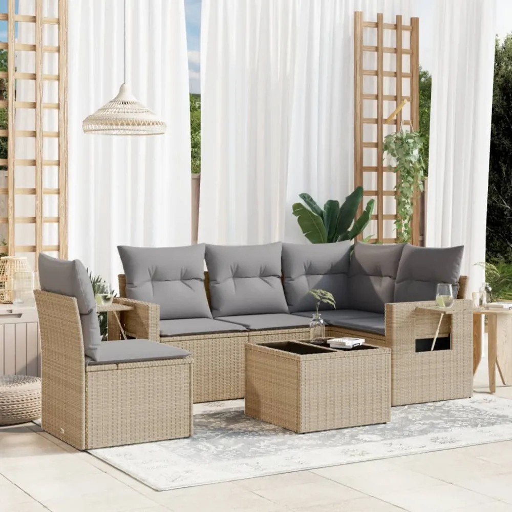 6-delige Loungeset met kussens poly rattan beige vidaXL