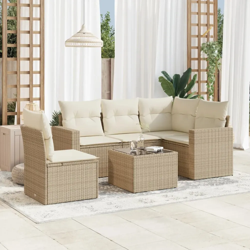 6-delige Loungeset met kussens poly rattan beige vidaXL