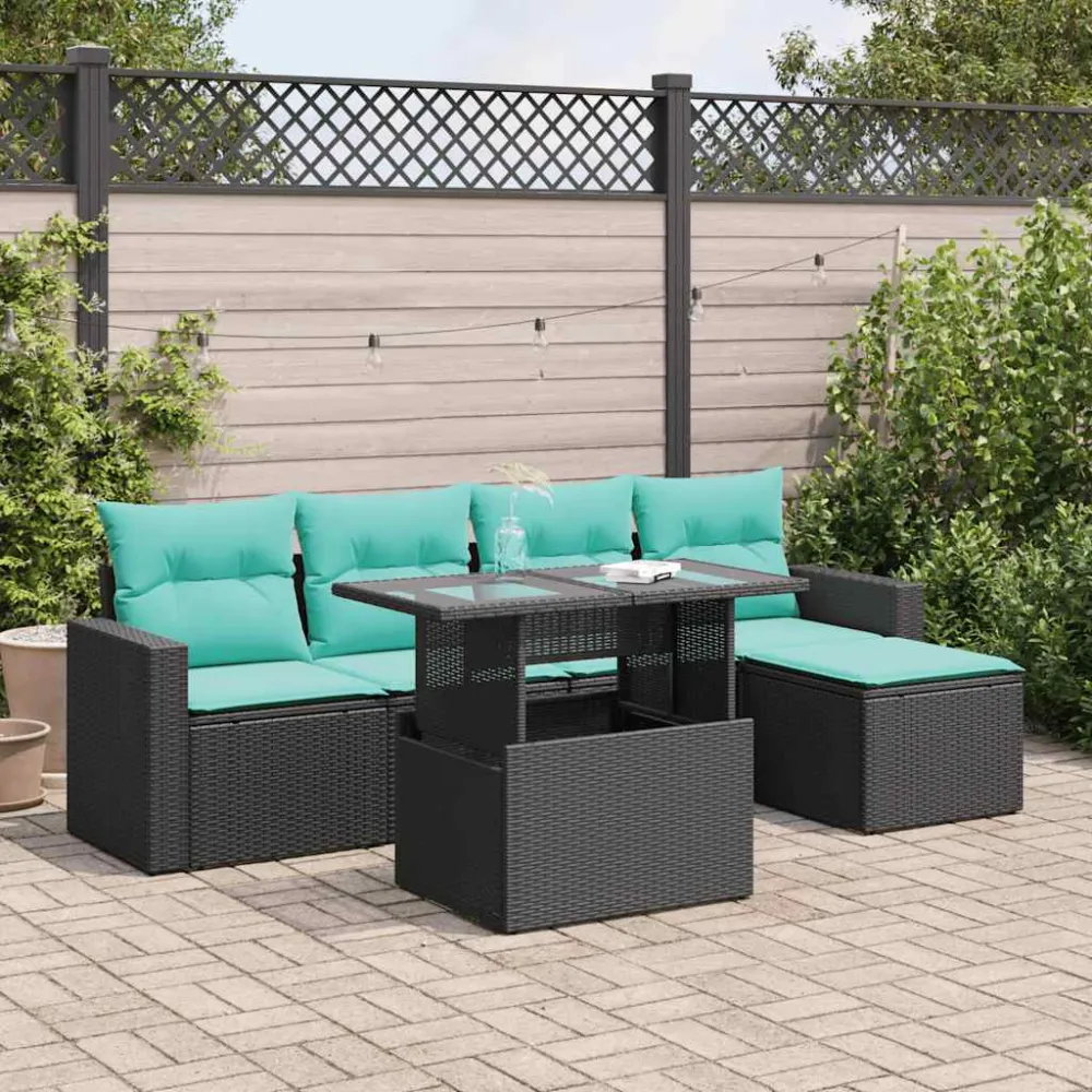 6-delige Loungeset met kussens poly rattan acacia zwart vidaXL