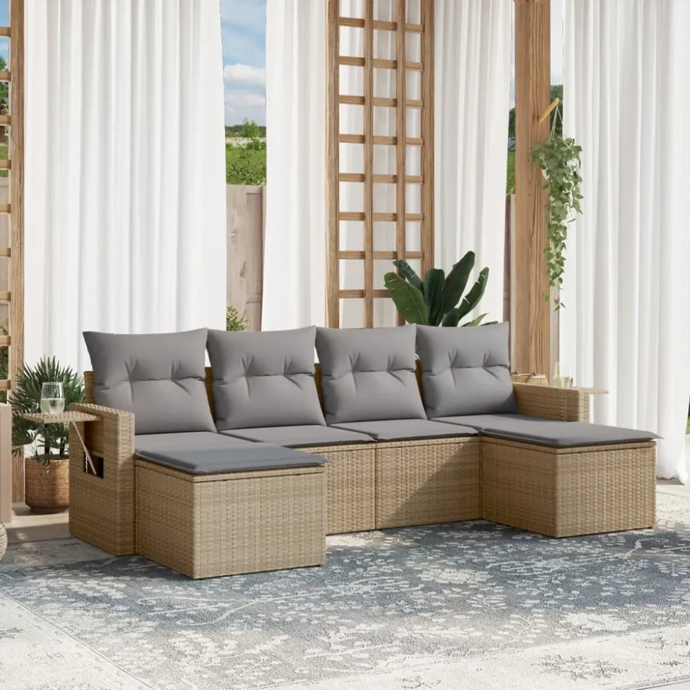 6-delige Loungeset met kussens poly rattan beige vidaXL