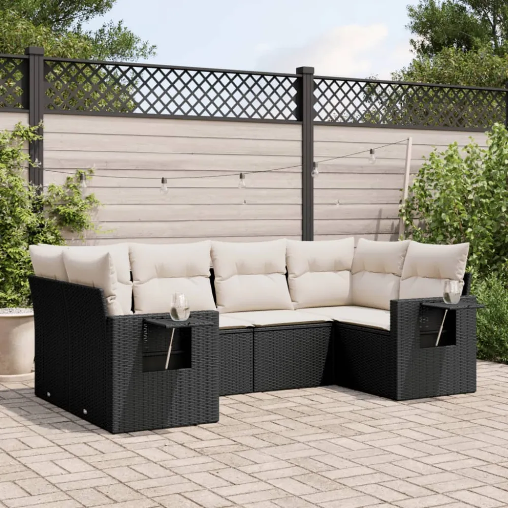 6-delige Loungeset met kussens poly rattan zwart vidaXL