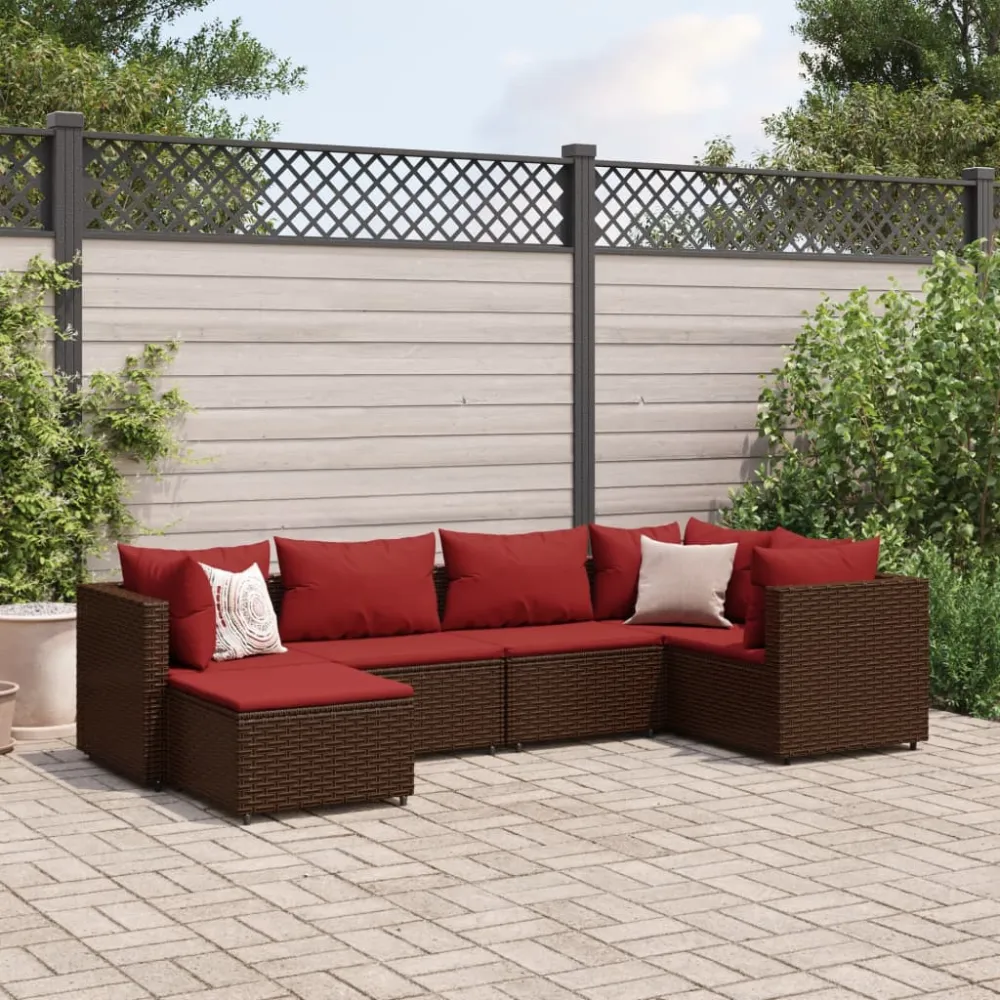 6-delige Loungeset met kussens poly rattan bruin vidaXL