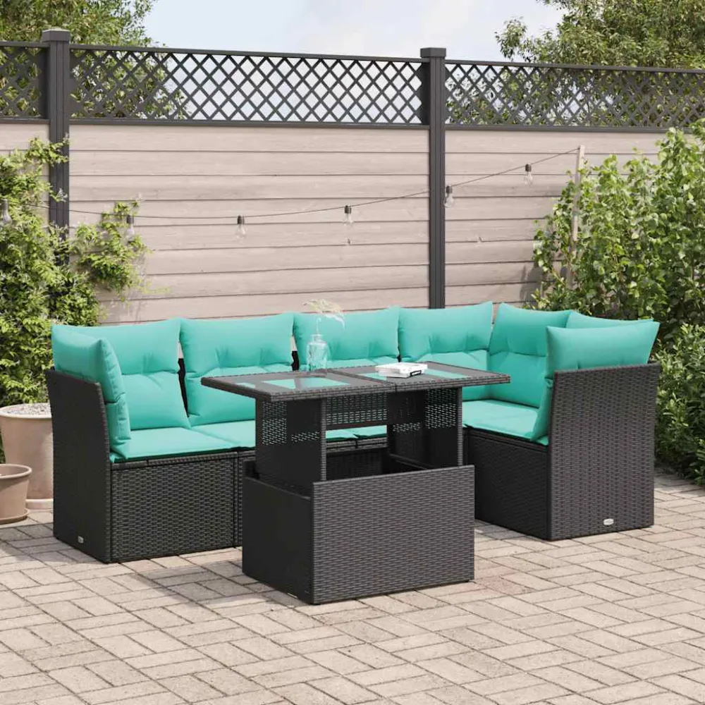 6-delige Loungeset met kussens poly rattan acacia zwart vidaXL