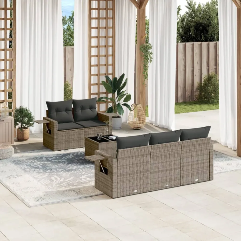 6-delige Loungeset met kussens poly rattan grijs vidaXL