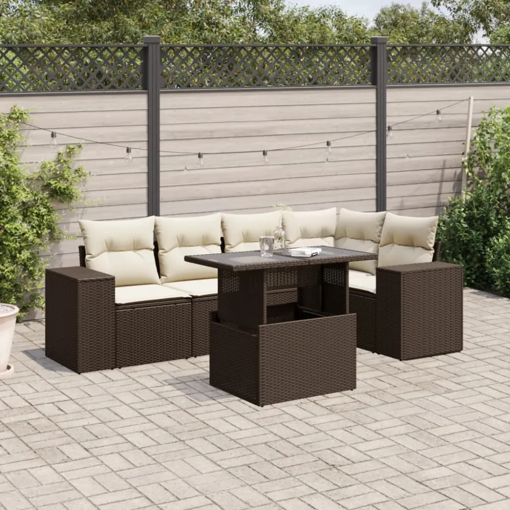 6-delige Loungeset met kussens poly rattan bruin vidaXL