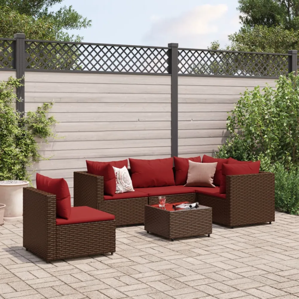 6-delige Loungeset met kussens poly rattan bruin vidaXL