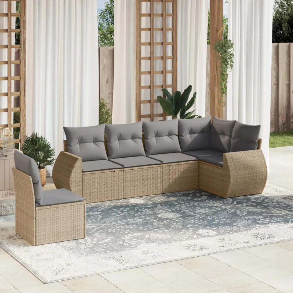 6-delige Loungeset met kussens poly rattan beige vidaXL