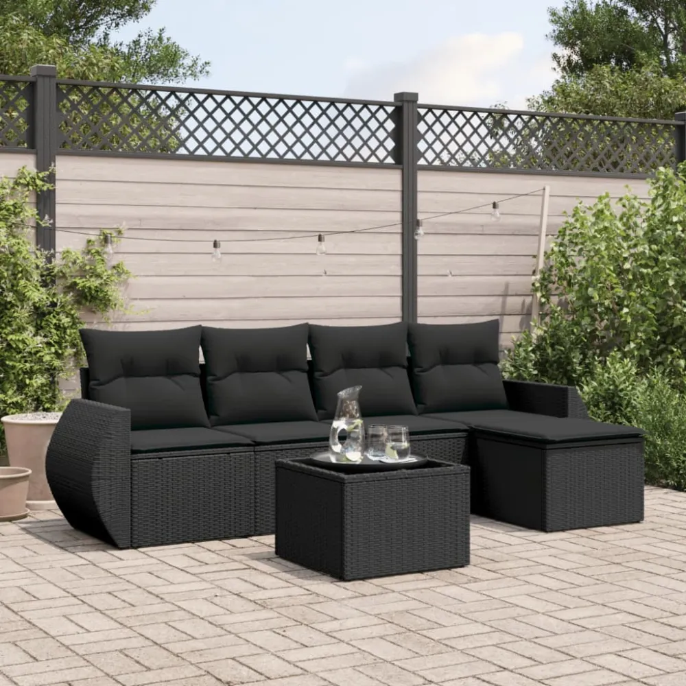 6-delige Loungeset met kussens poly rattan zwart vidaXL