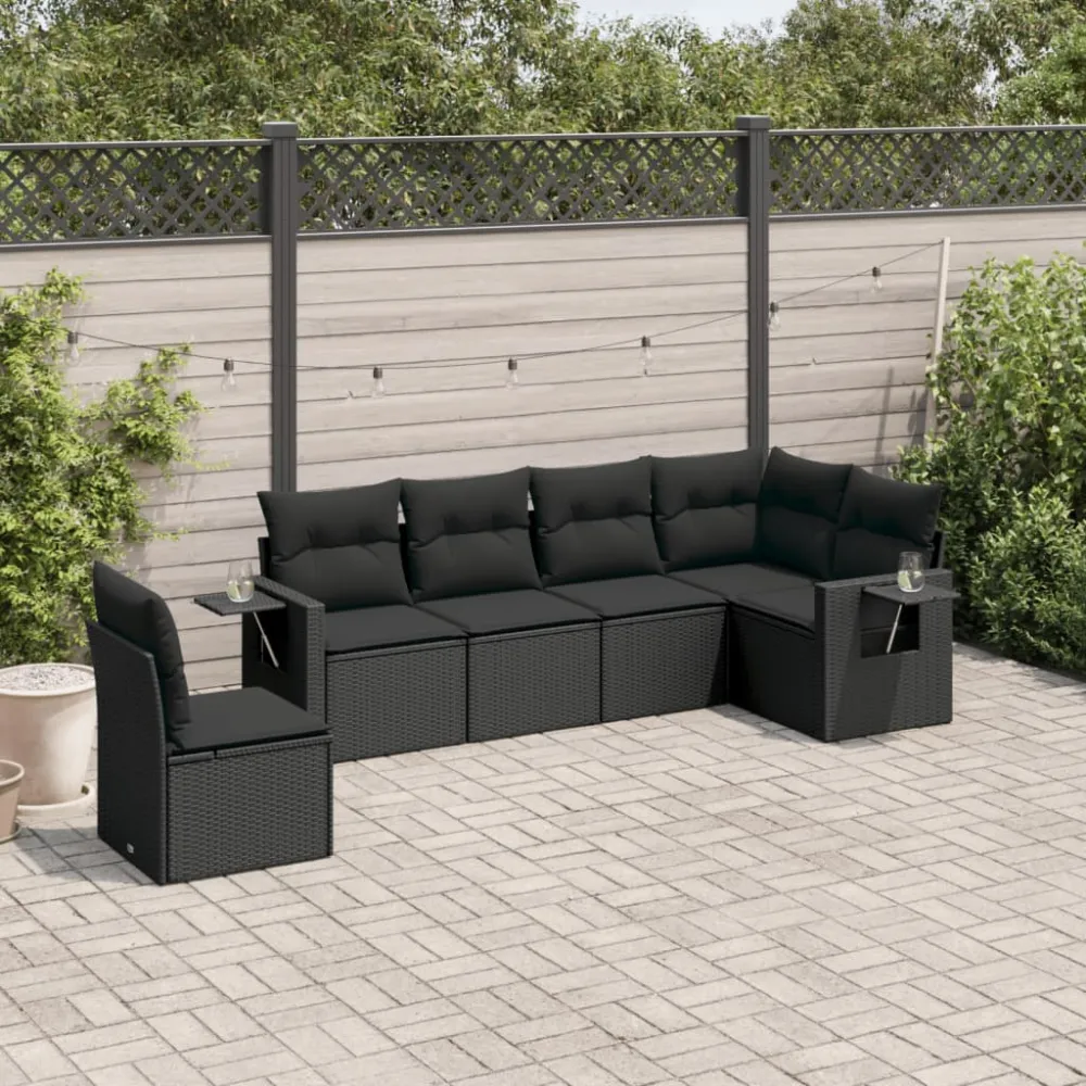 6-delige Loungeset met kussens poly rattan zwart vidaXL