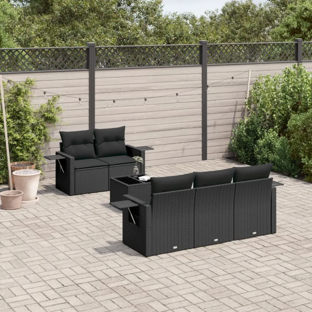 6-delige Loungeset met kussens poly rattan zwart vidaXL