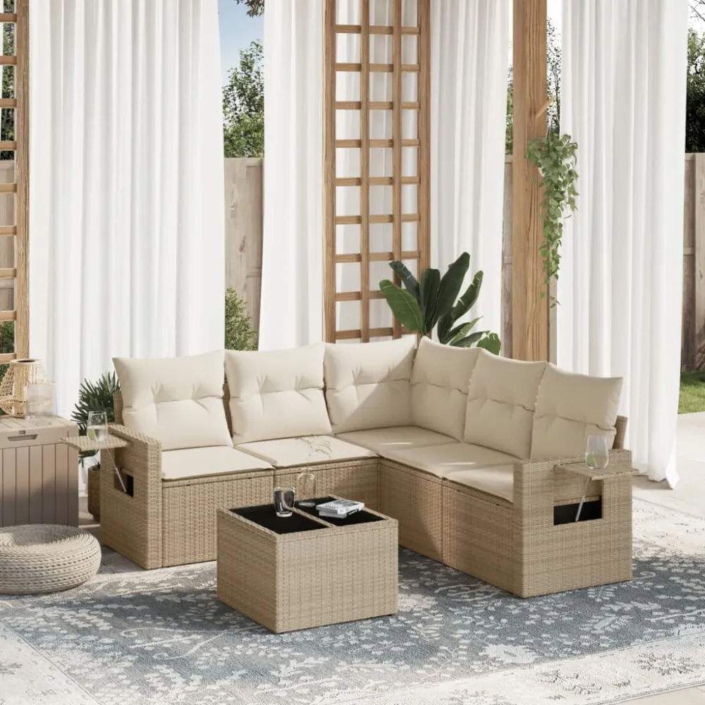 6-delige Loungeset met kussens poly rattan beige vidaXL