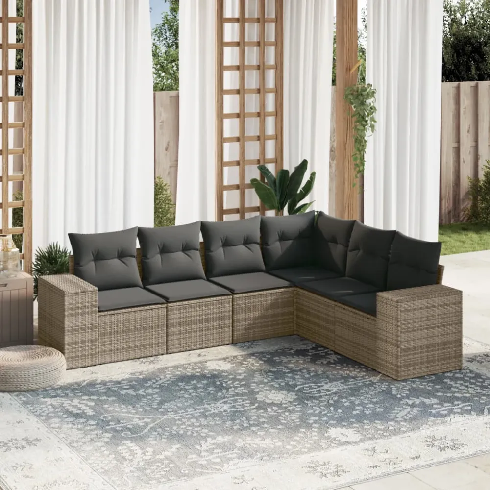 6-delige Loungeset met kussens poly rattan grijs vidaXL