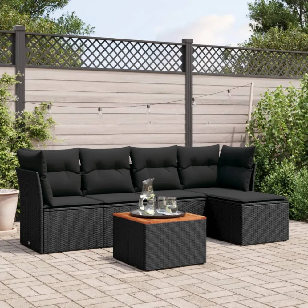 6-delige Loungeset met kussens poly rattan zwart vidaXL