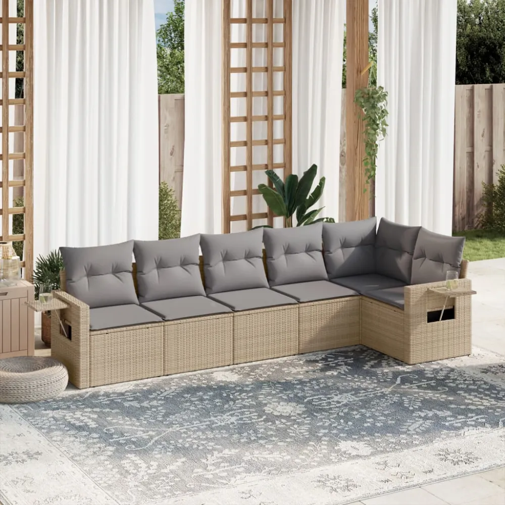 6-delige Loungeset met kussens poly rattan beige vidaXL