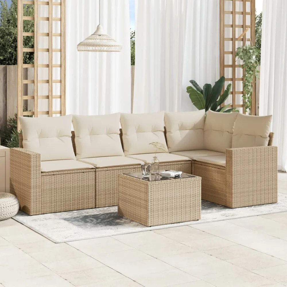 6-delige Loungeset met kussens poly rattan beige vidaXL