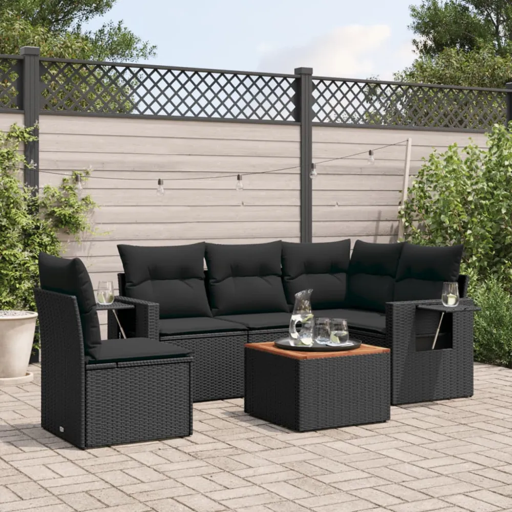 6-delige Loungeset met kussens poly rattan zwart vidaXL