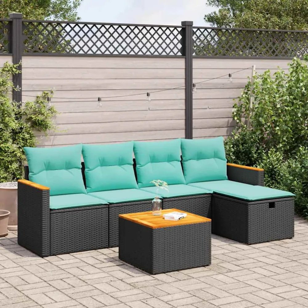 6-delige Loungeset met kussens poly rattan zwart vidaXL