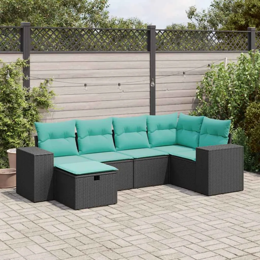 6-delige Loungeset met kussens poly rattan zwart vidaXL