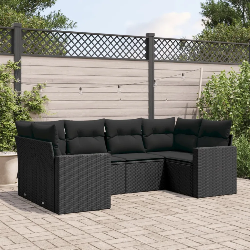 6-delige Loungeset met kussens poly rattan zwart vidaXL