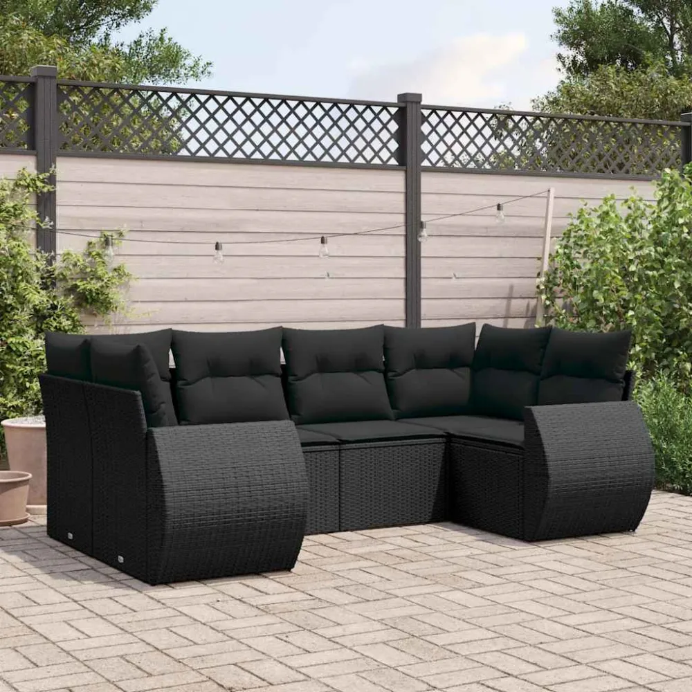 6-delige Loungeset met kussens poly rattan zwart vidaXL