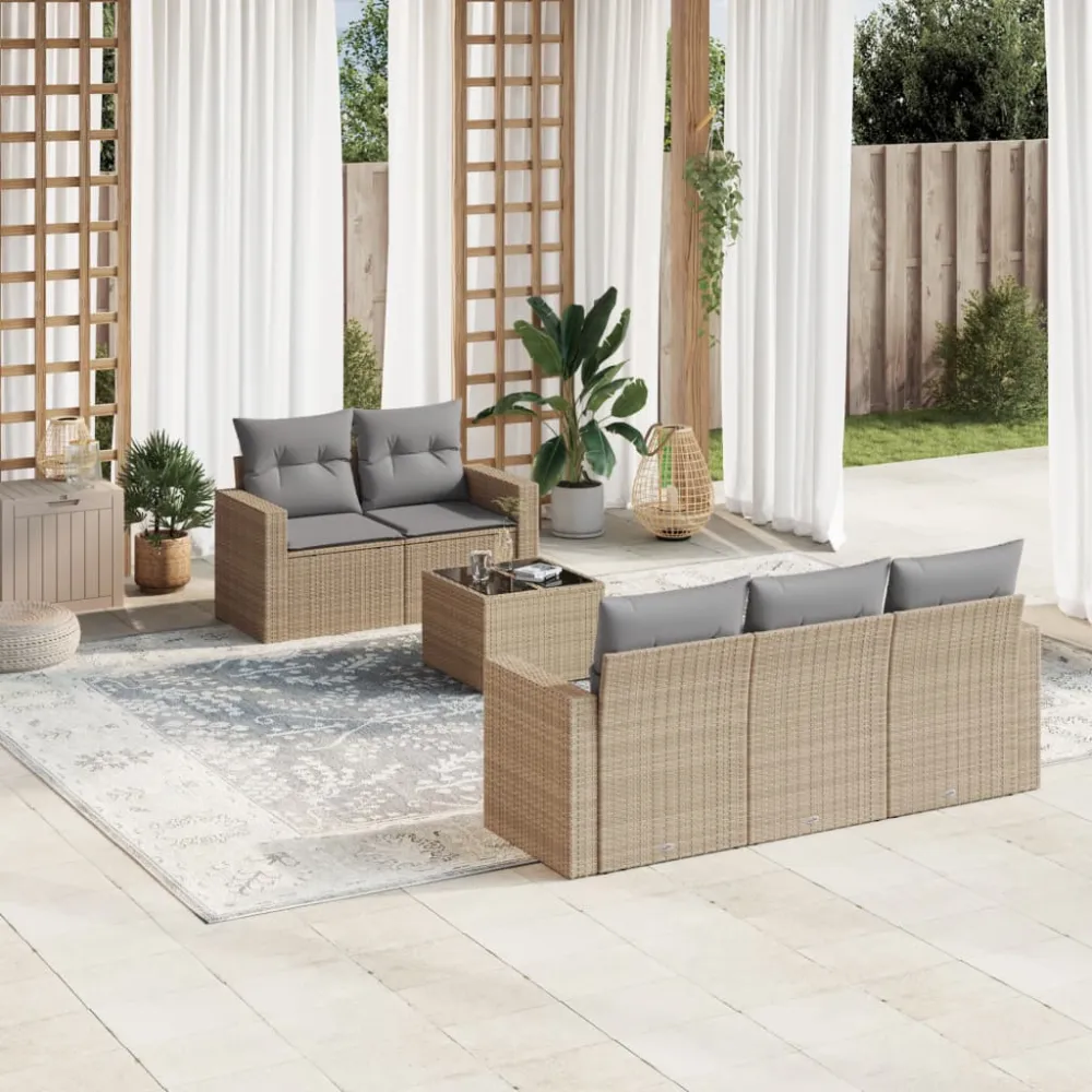 6-delige Loungeset met kussens poly rattan beige vidaXL