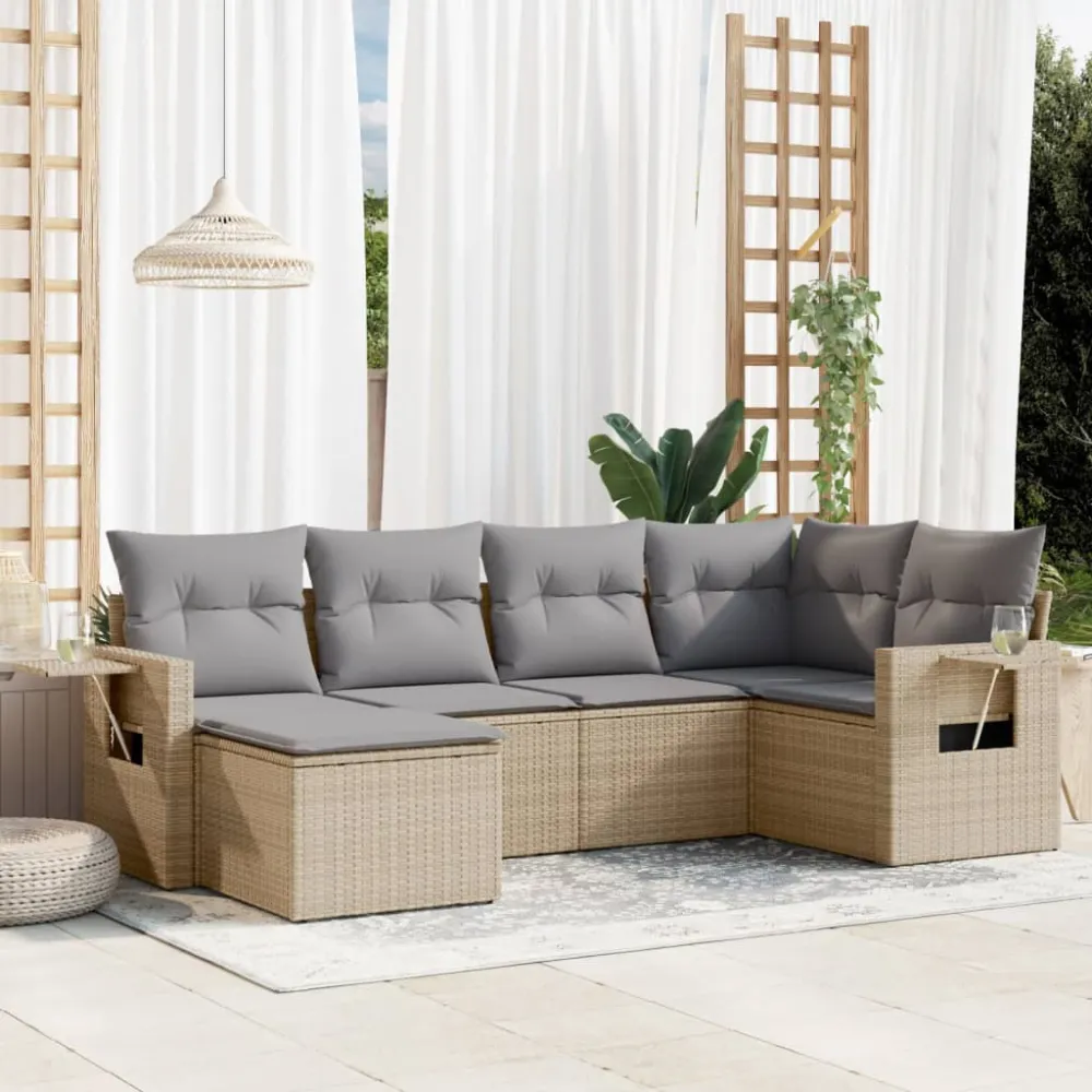 6-delige Loungeset met kussens poly rattan beige vidaXL