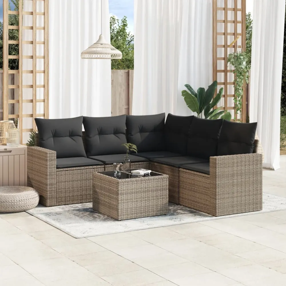 6-delige Loungeset met kussens poly rattan grijs vidaXL