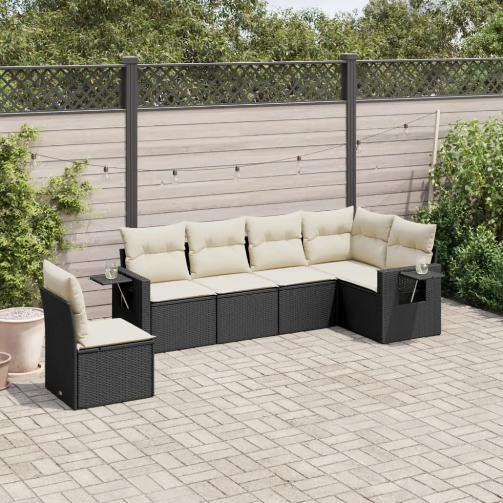 6-delige Loungeset met kussens poly rattan zwart vidaXL